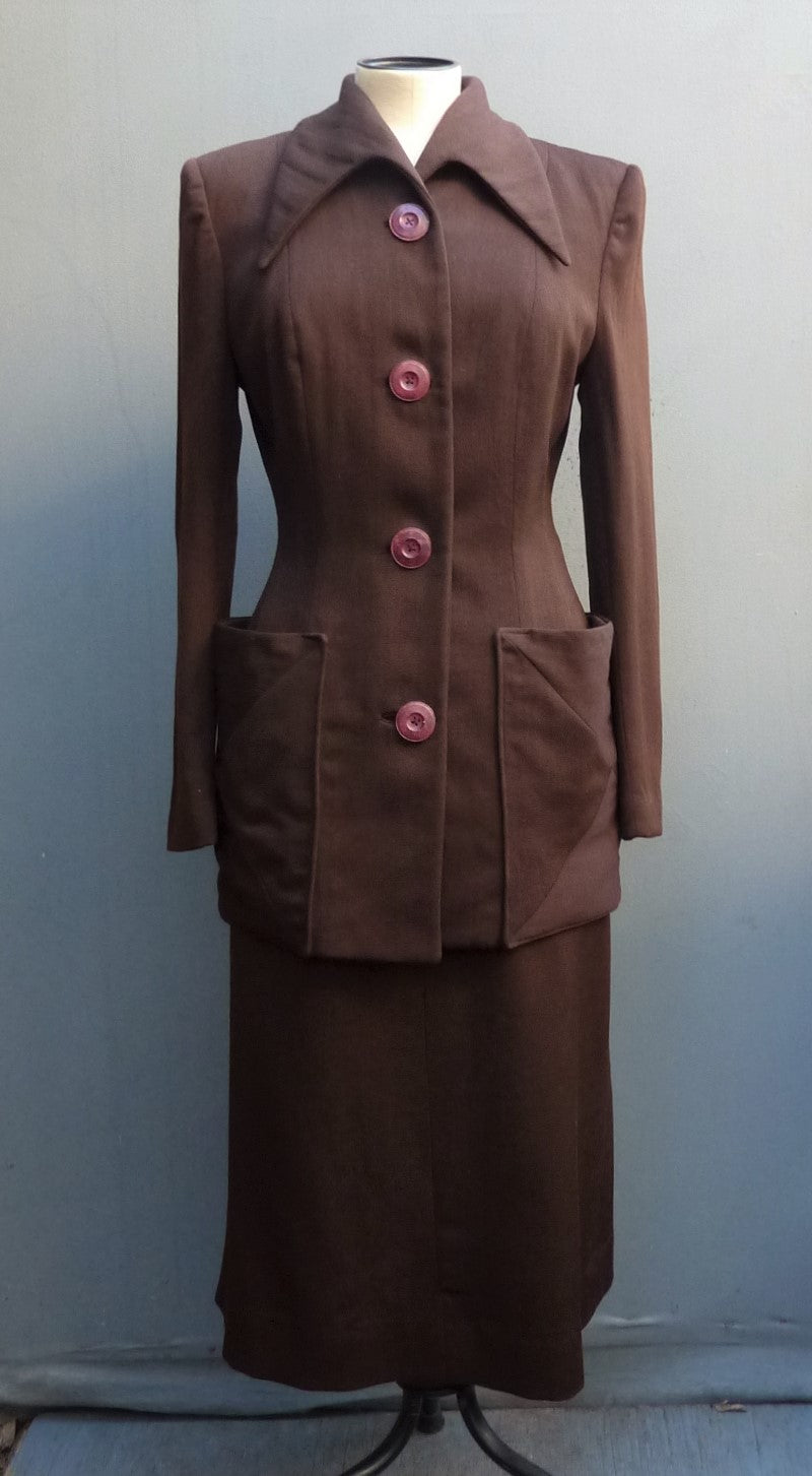 1940s American Suit Jacket Skirt Chocolate Brown Gabardine Wool UK XS