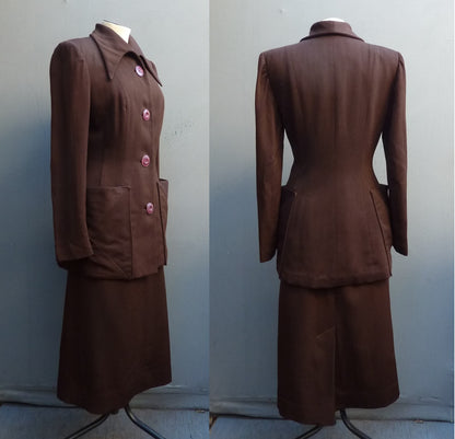 1940s American Suit Jacket Skirt Chocolate Brown Gabardine Wool UK XS