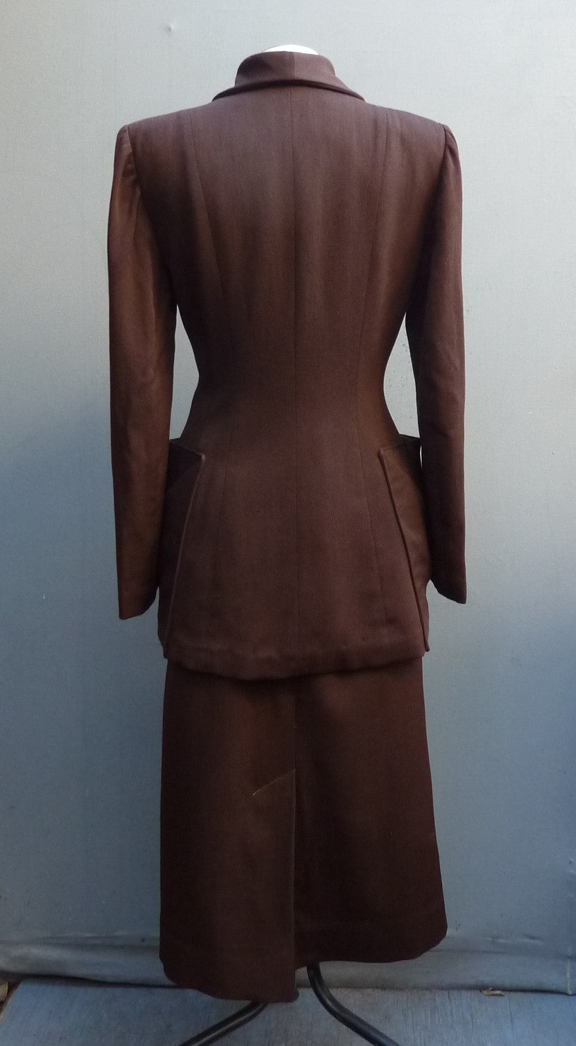 1940s American Suit Jacket Skirt Chocolate Brown Gabardine Wool UK XS