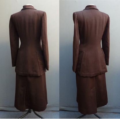 1940s American Suit Jacket Skirt Chocolate Brown Gabardine Wool UK XS