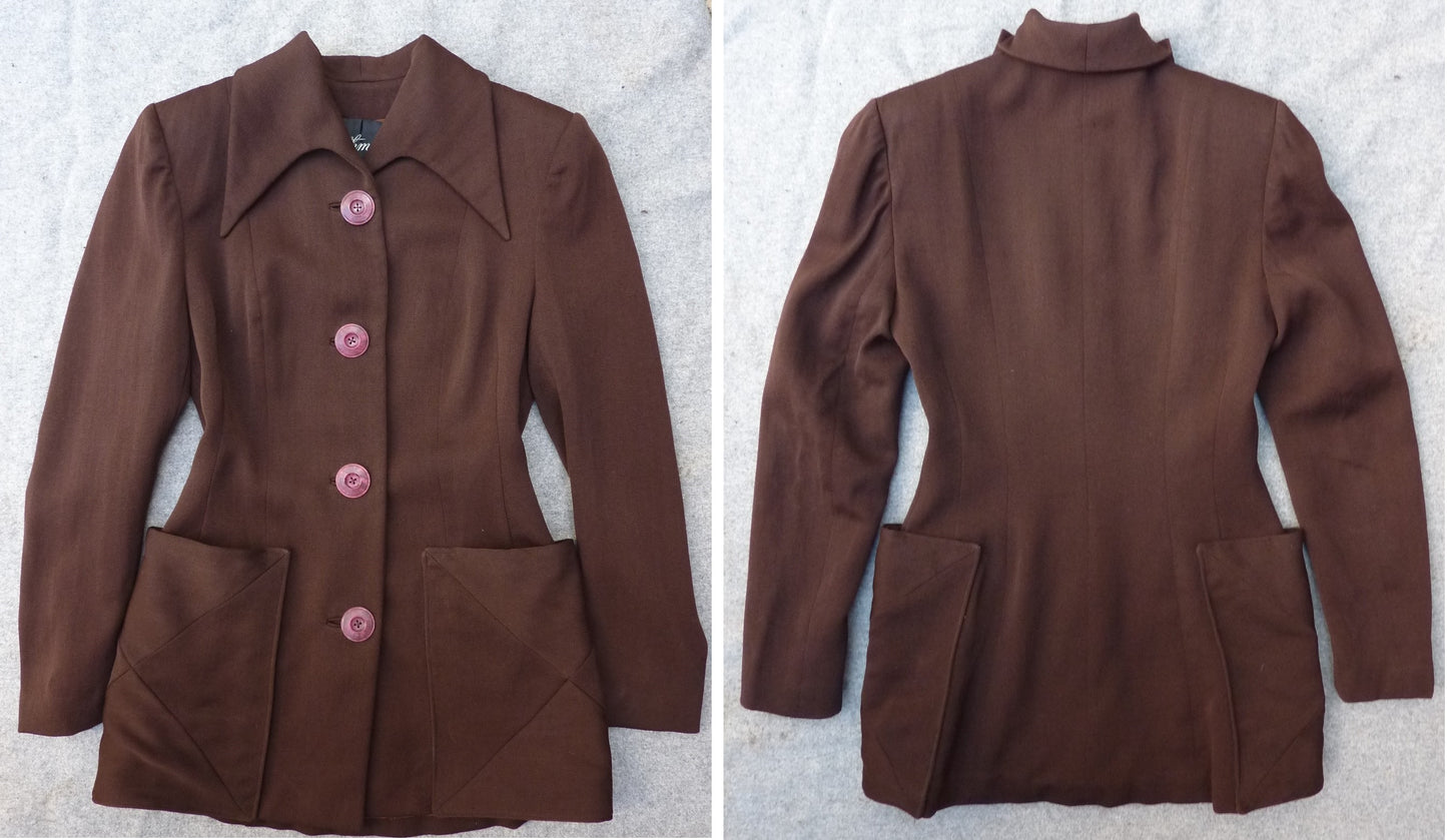 1940s American Suit Jacket Skirt Chocolate Brown Gabardine Wool UK XS