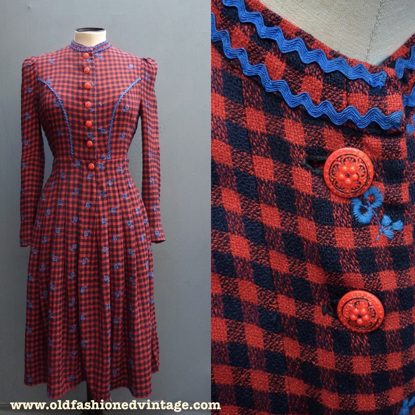 Vintage 1940s 50s Shirt Dress Checked Red Navy Blue Embroidered UK S