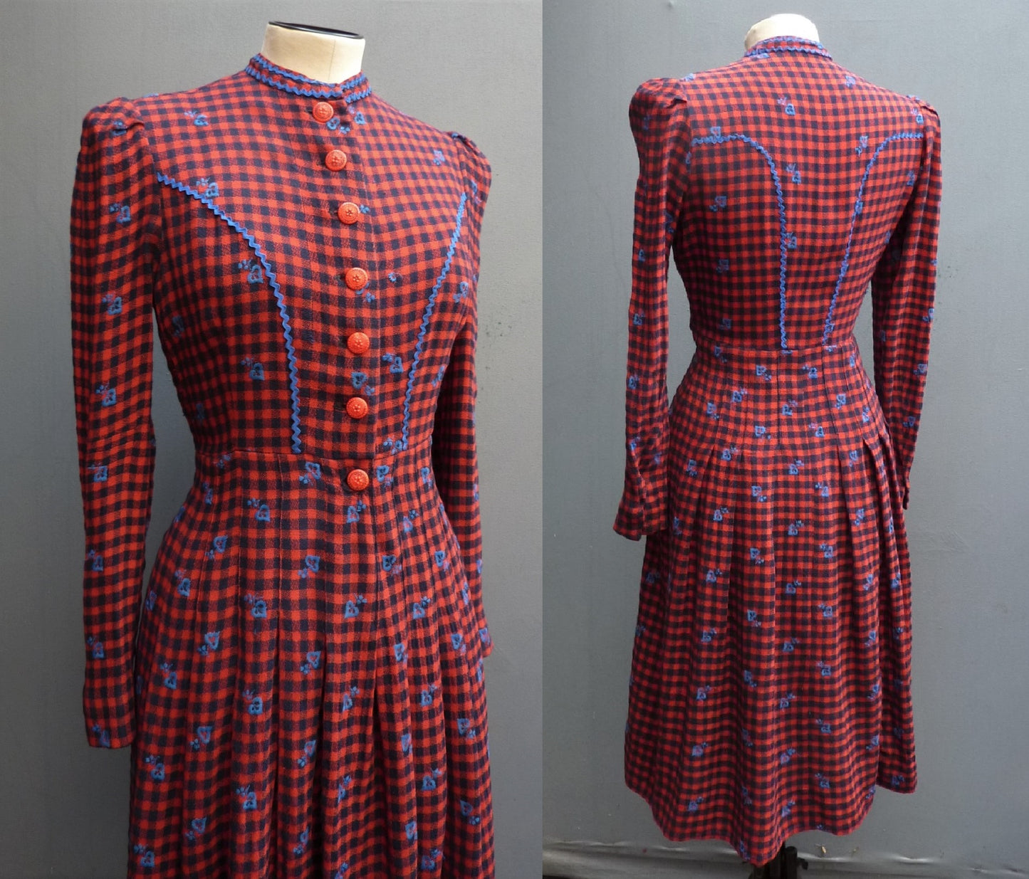 Vintage 1940s 50s Shirt Dress Checked Red Navy Blue Embroidered UK S