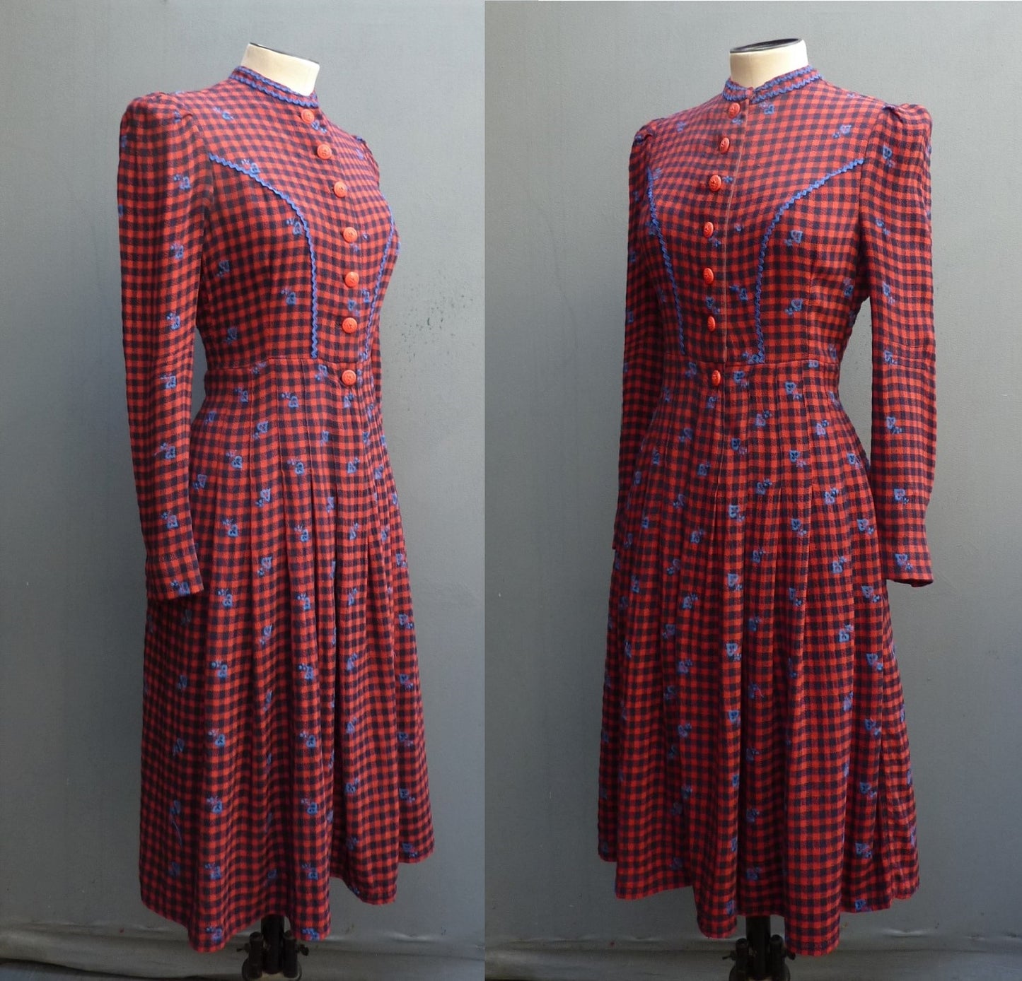 Vintage 1940s 50s Shirt Dress Checked Red Navy Blue Embroidered UK S