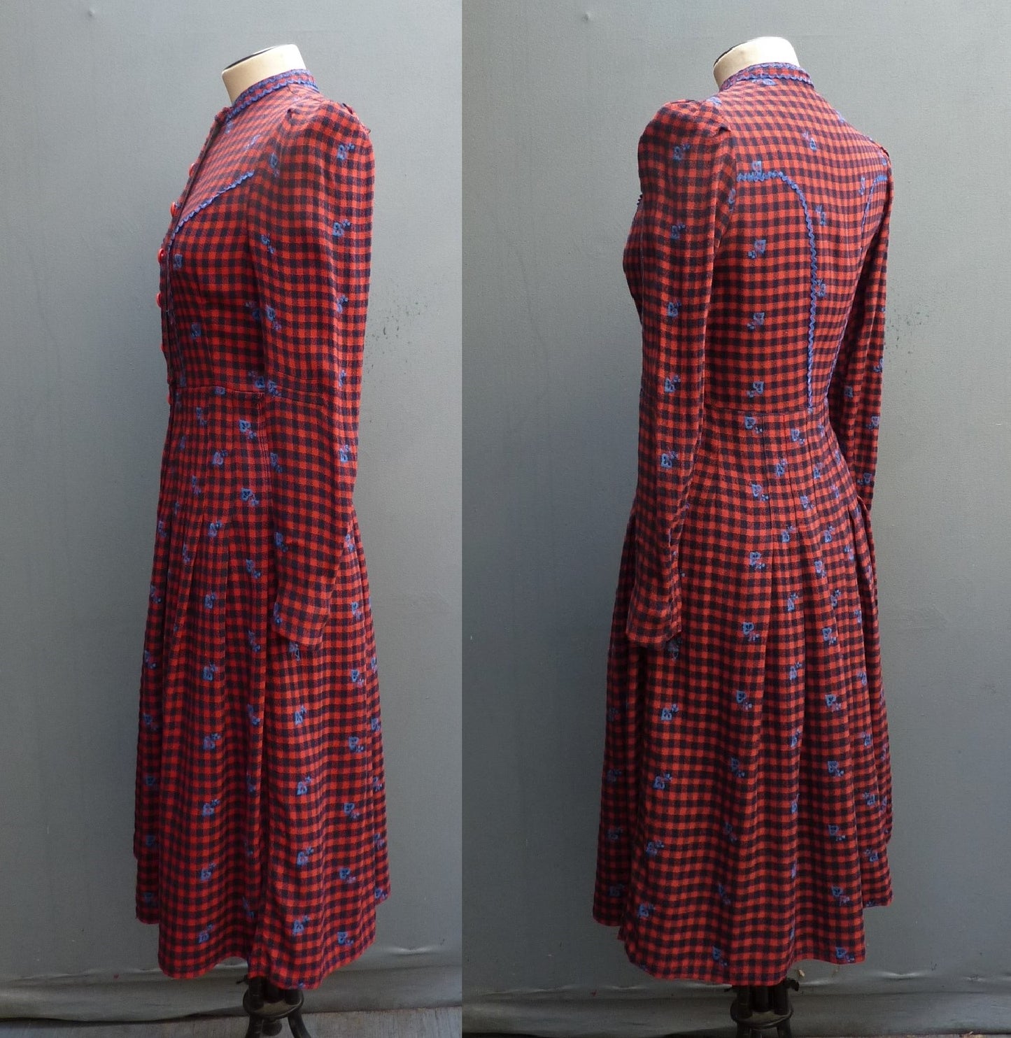 Vintage 1940s 50s Shirt Dress Checked Red Navy Blue Embroidered UK S