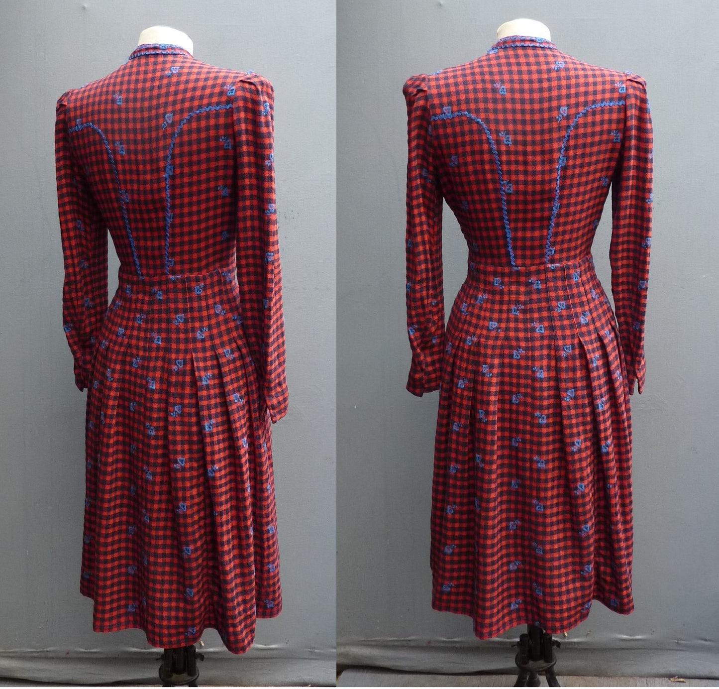 Vintage 1940s 50s Shirt Dress Checked Red Navy Blue Embroidered UK S