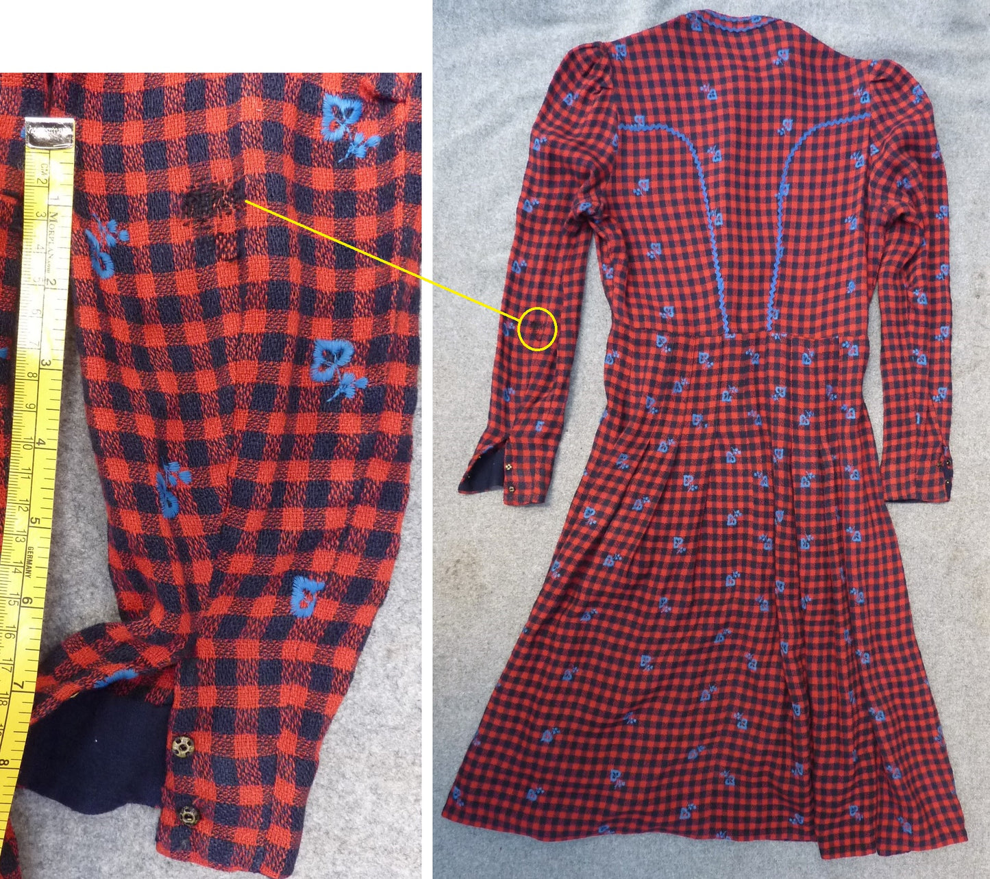 Vintage 1940s 50s Shirt Dress Checked Red Navy Blue Embroidered UK S