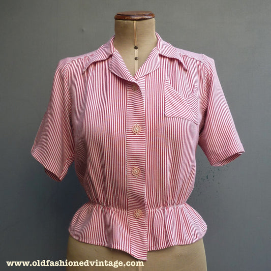 Vintage 1940s WW2 Blouse Red White Striped Short Sleeved Shirt UK S