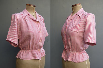 Vintage 1940s WW2 Blouse Red White Striped Short Sleeved Shirt UK S