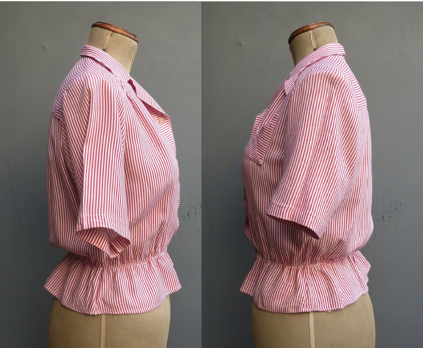 Vintage 1940s WW2 Blouse Red White Striped Short Sleeved Shirt UK S