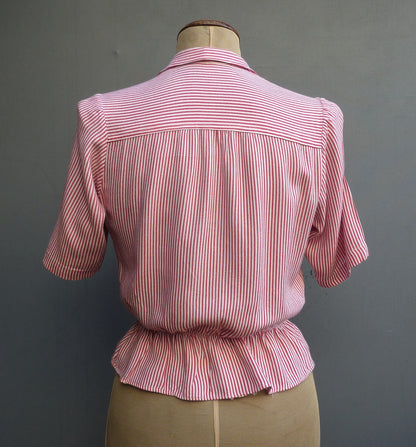 Vintage 1940s WW2 Blouse Red White Striped Short Sleeved Shirt UK S