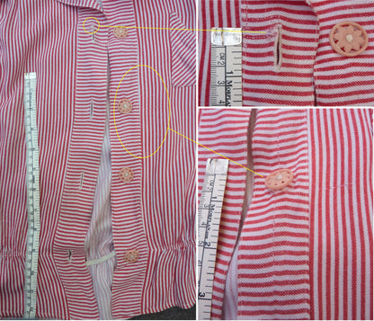 Vintage 1940s WW2 Blouse Red White Striped Short Sleeved Shirt UK S