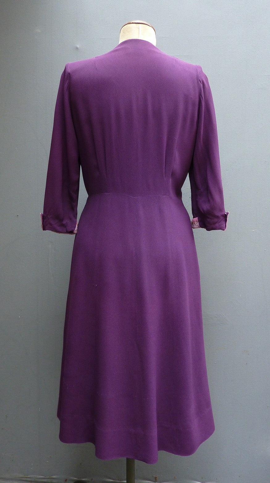 Original Vintage 1940s Colour Block Purple Pink Rayon Dress Studded Yoke UK S/M