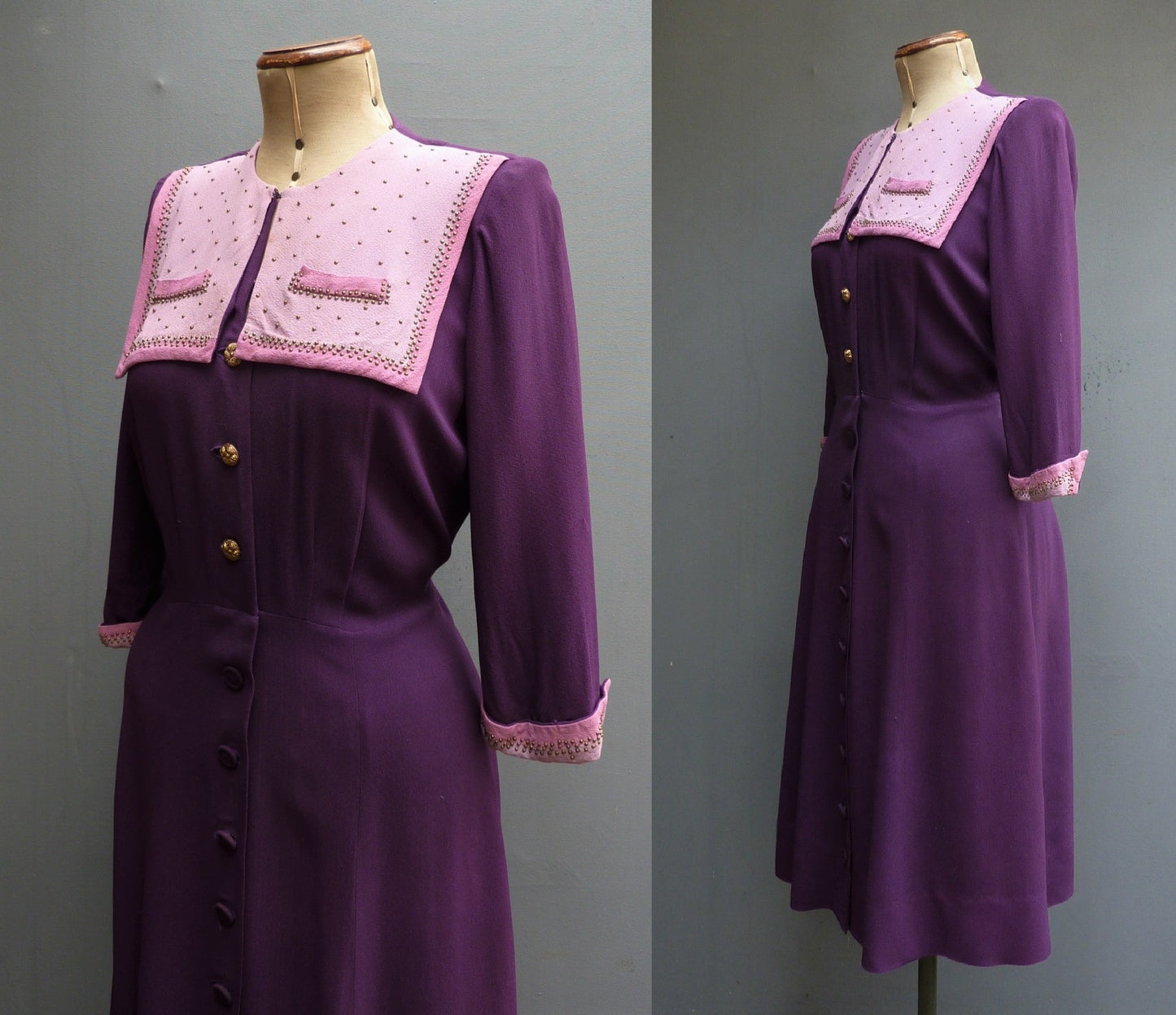 Original Vintage 1940s Colour Block Purple Pink Rayon Dress Studded Yoke UK S/M