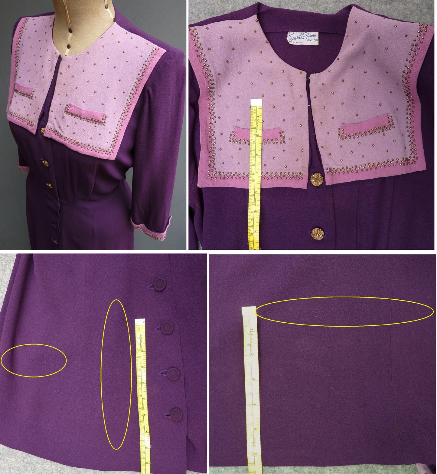 Original Vintage 1940s Colour Block Purple Pink Rayon Dress Studded Yoke UK S/M