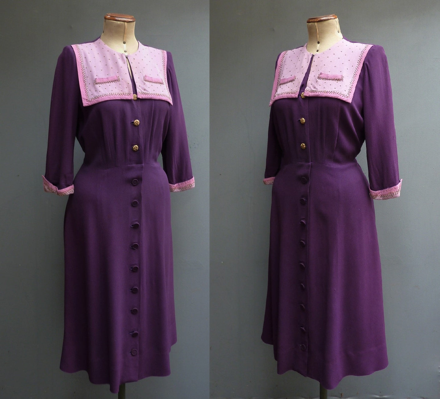 Original Vintage 1940s Colour Block Purple Pink Rayon Dress Studded Yoke UK S/M