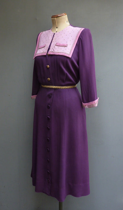 Original Vintage 1940s Colour Block Purple Pink Rayon Dress Studded Yoke UK S/M