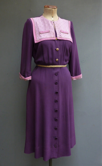 Original Vintage 1940s Colour Block Purple Pink Rayon Dress Studded Yoke UK S/M