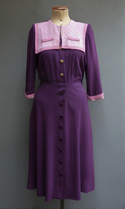 Original Vintage 1940s Colour Block Purple Pink Rayon Dress Studded Yoke UK S/M