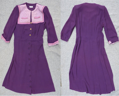 Original Vintage 1940s Colour Block Purple Pink Rayon Dress Studded Yoke UK S/M