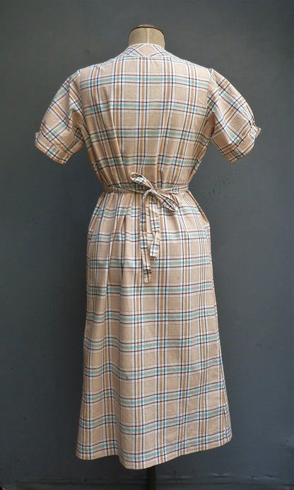 Vintage 1930s French Overall Dress Checked Cotton Chore Work Smock UK S/M