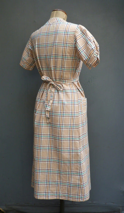 Vintage 1930s French Overall Dress Checked Cotton Chore Work Smock UK S/M