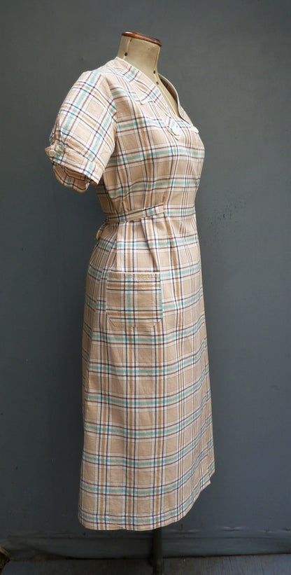 Vintage 1930s French Overall Dress Checked Cotton Chore Work Smock UK S/M