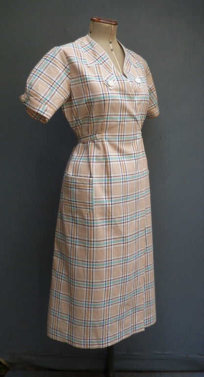 Vintage 1930s French Overall Dress Checked Cotton Chore Work Smock UK S/M