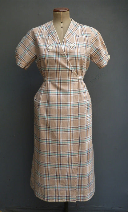 Vintage 1930s French Overall Dress Checked Cotton Chore Work Smock UK S/M