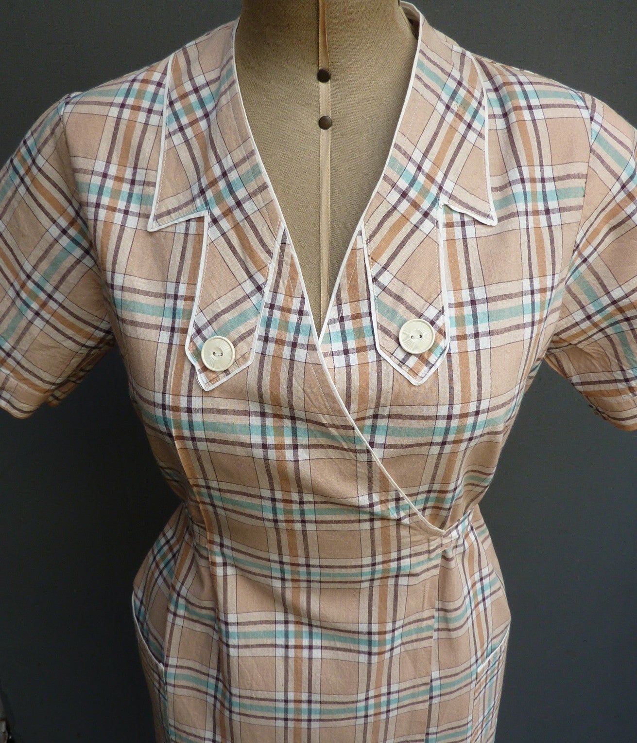 Vintage 1930s French Overall Dress Checked Cotton Chore Work Smock UK S/M