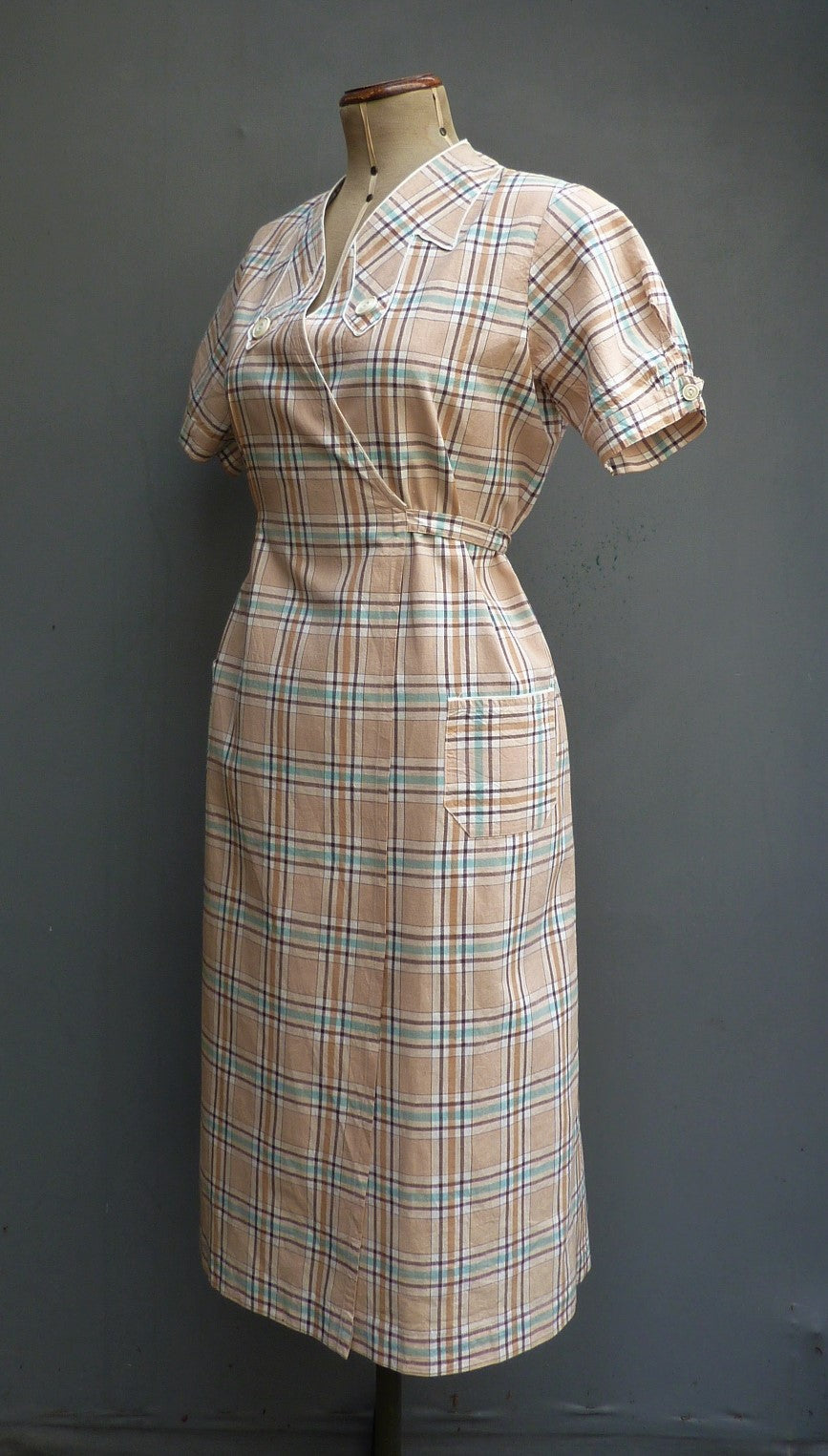 Vintage 1930s French Overall Dress Checked Cotton Chore Work Smock UK S/M