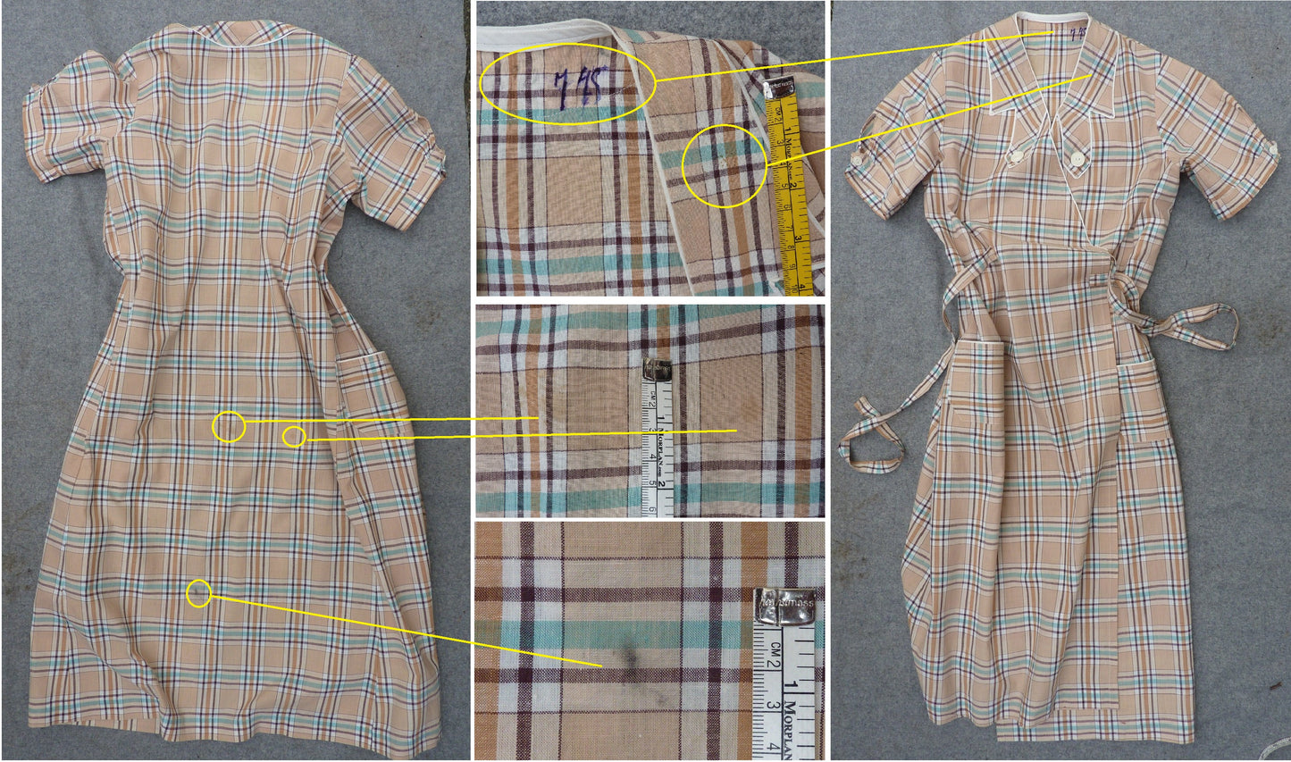 Vintage 1930s French Overall Dress Checked Cotton Chore Work Smock UK S/M