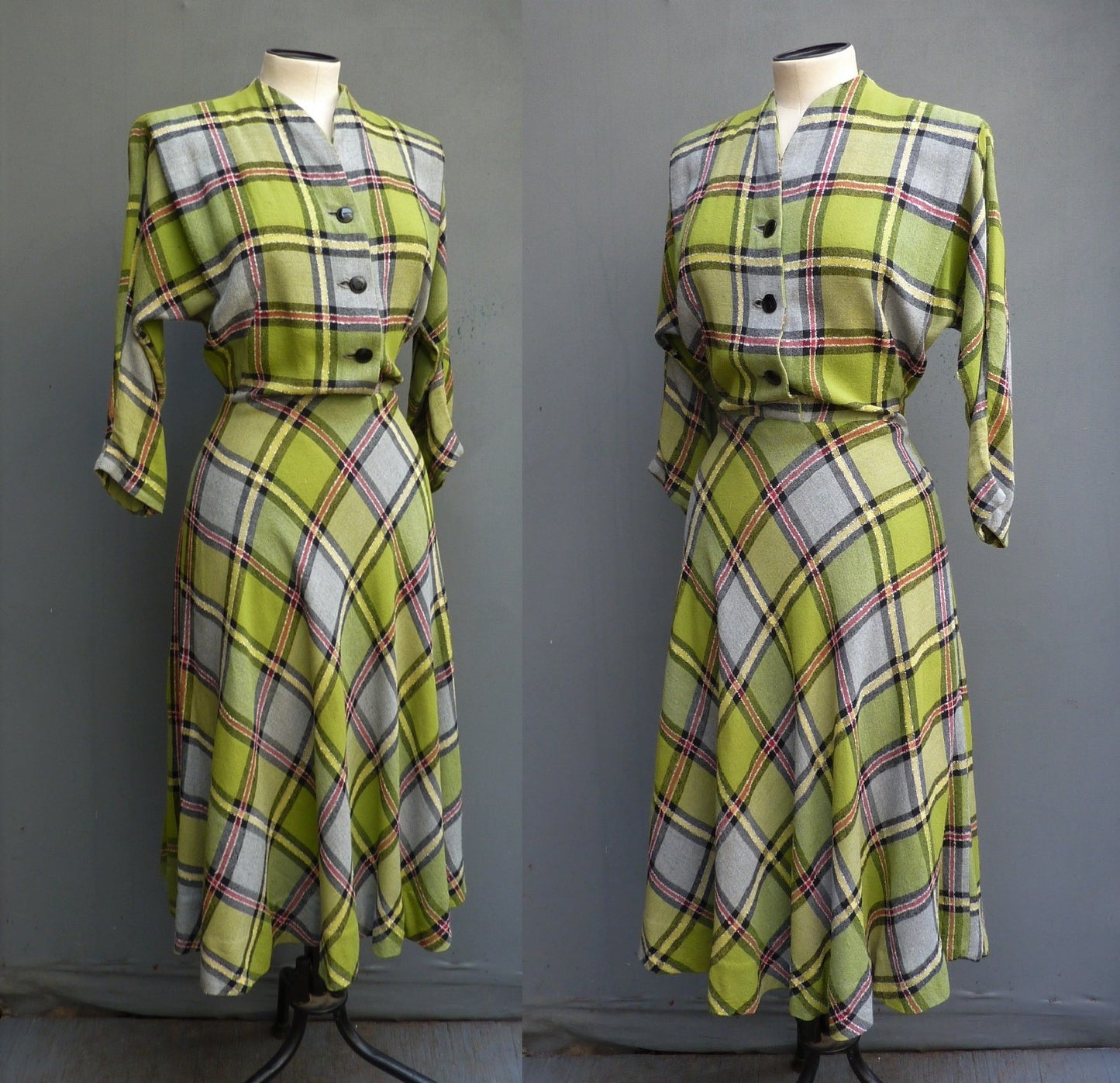 Original Vintage 1940s 1950s Bold Checked Plaid Dress Dolman UK S