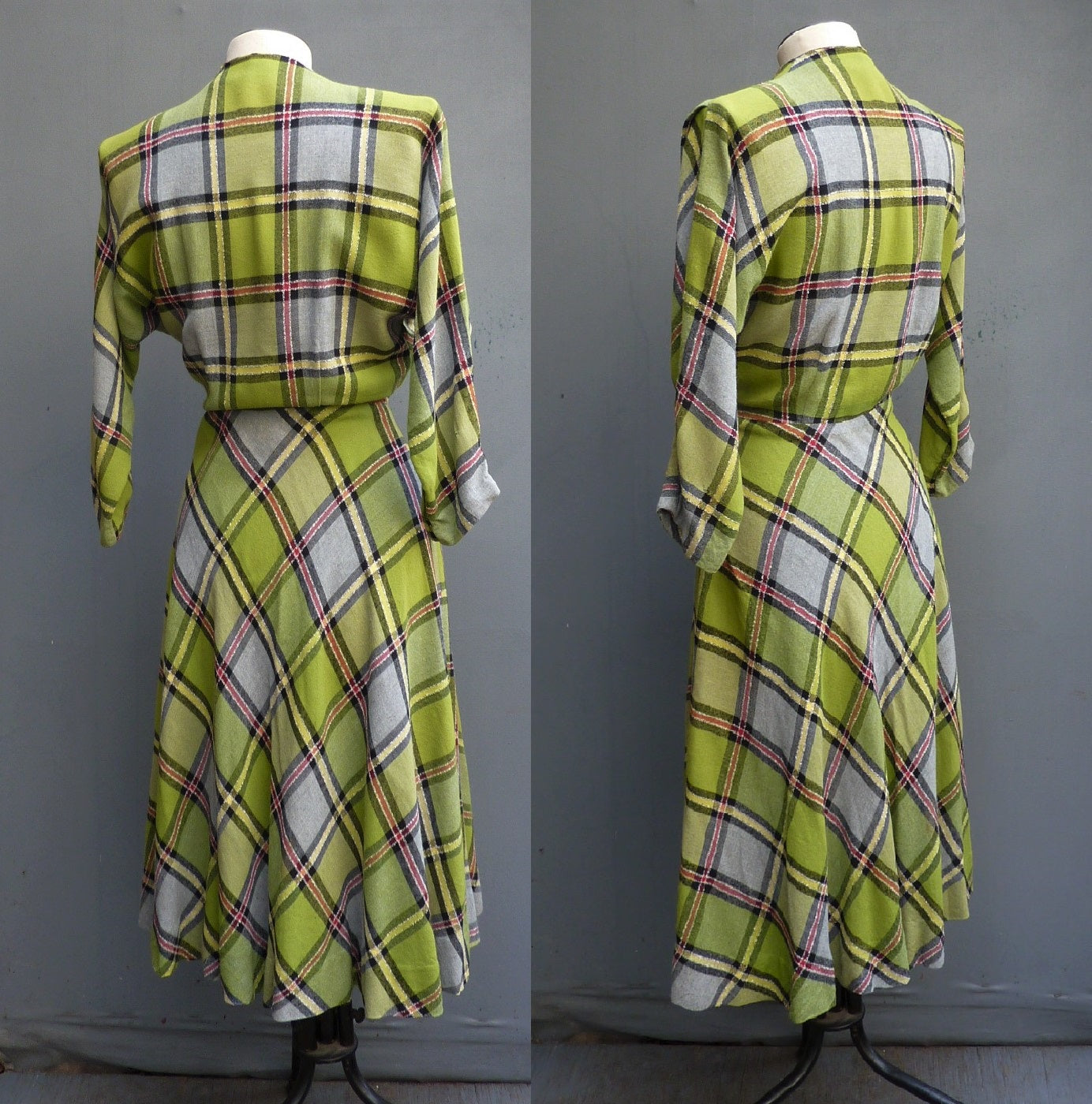 Original Vintage 1940s 1950s Bold Checked Plaid Dress Dolman UK S