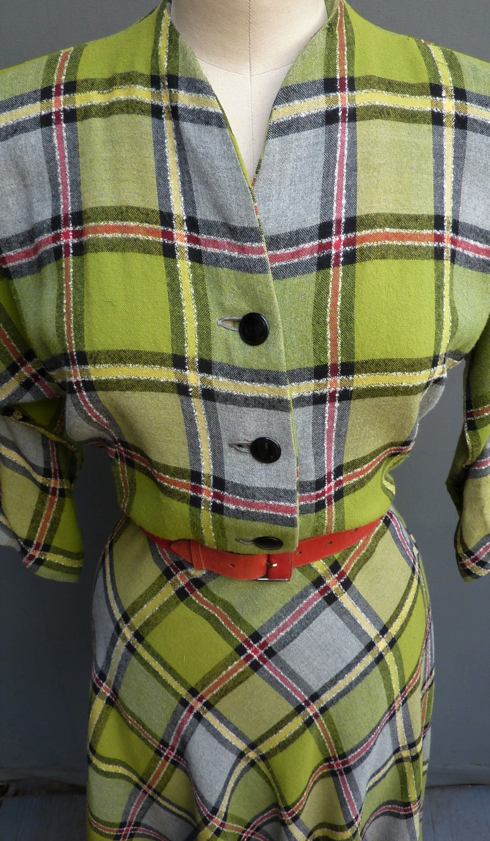 Original Vintage 1940s 1950s Bold Checked Plaid Dress Dolman UK S