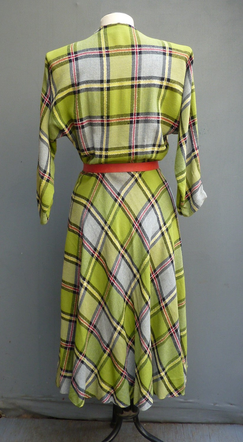 Original Vintage 1940s 1950s Bold Checked Plaid Dress Dolman UK S