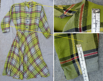 Original Vintage 1940s 1950s Bold Checked Plaid Dress Dolman UK S