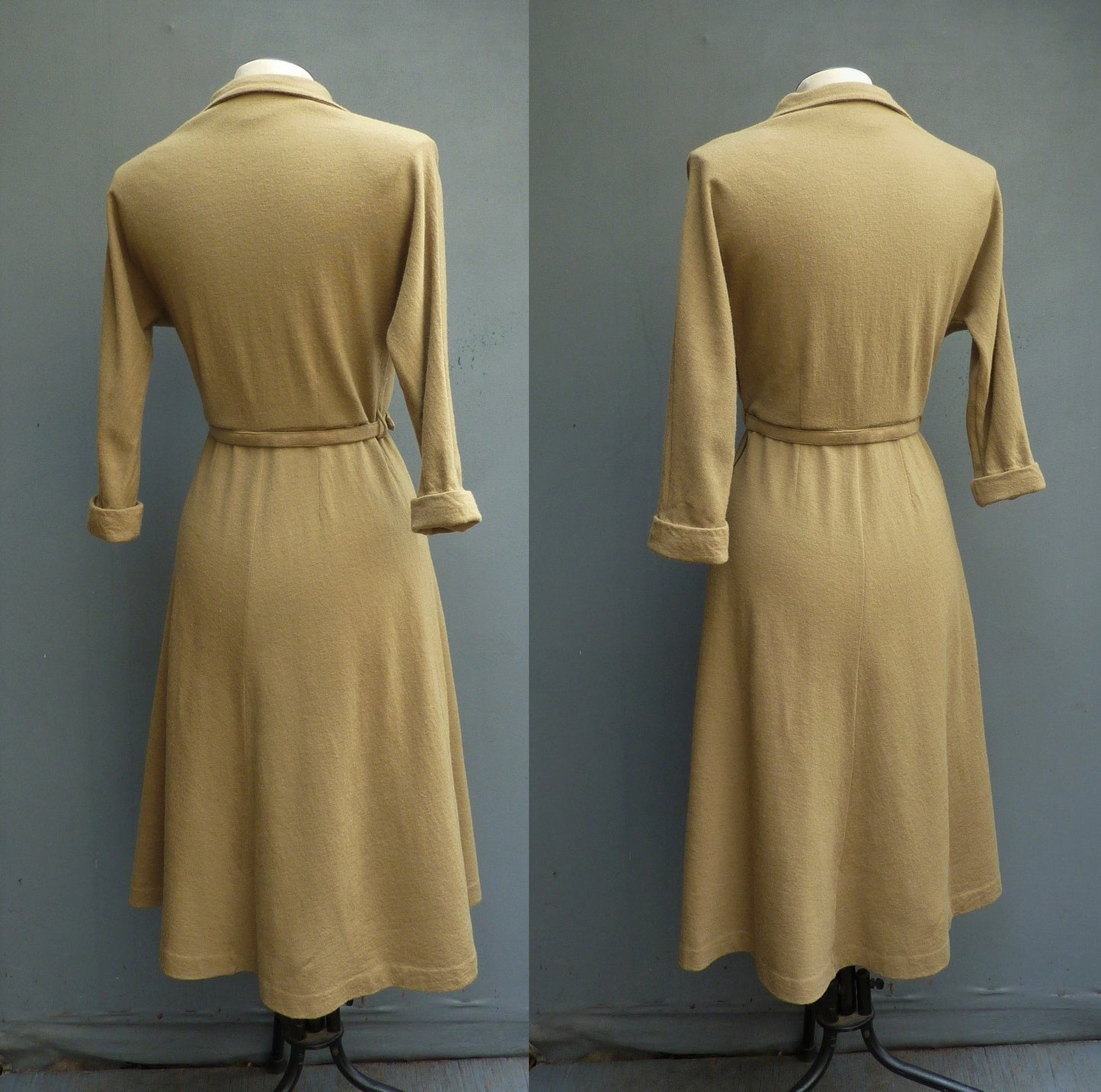 Rare Vintage Early 1950s Jersey Dress Mustard Olive Green Dolman Sleeves UK XS