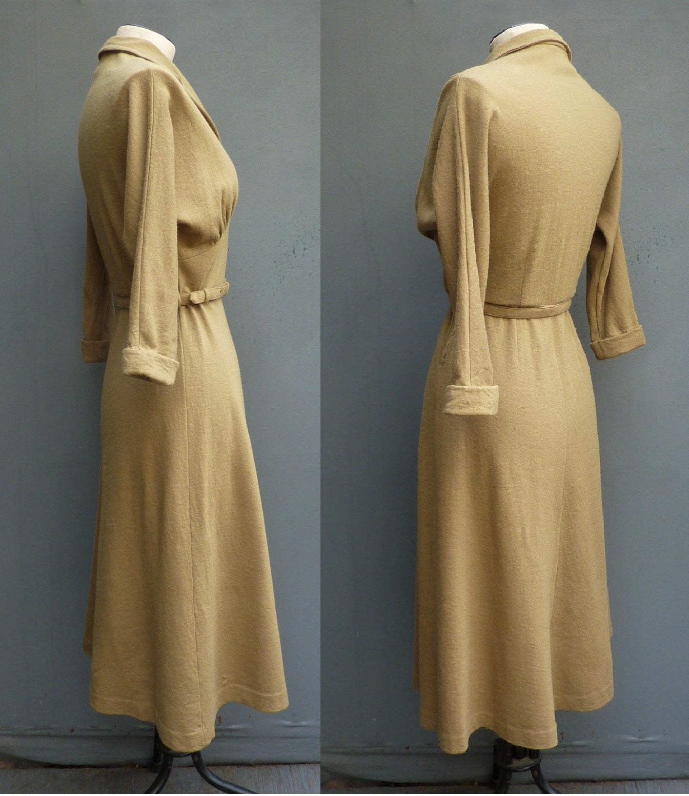 Rare Vintage Early 1950s Jersey Dress Mustard Olive Green Dolman Sleeves UK XS