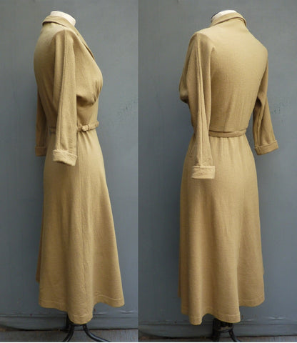 Rare Vintage Early 1950s Jersey Dress Mustard Olive Green Dolman Sleeves UK XS