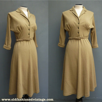 Rare Vintage Early 1950s Jersey Dress Mustard Olive Green Dolman Sleeves UK XS