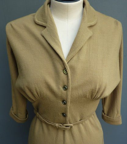 Rare Vintage Early 1950s Jersey Dress Mustard Olive Green Dolman Sleeves UK XS