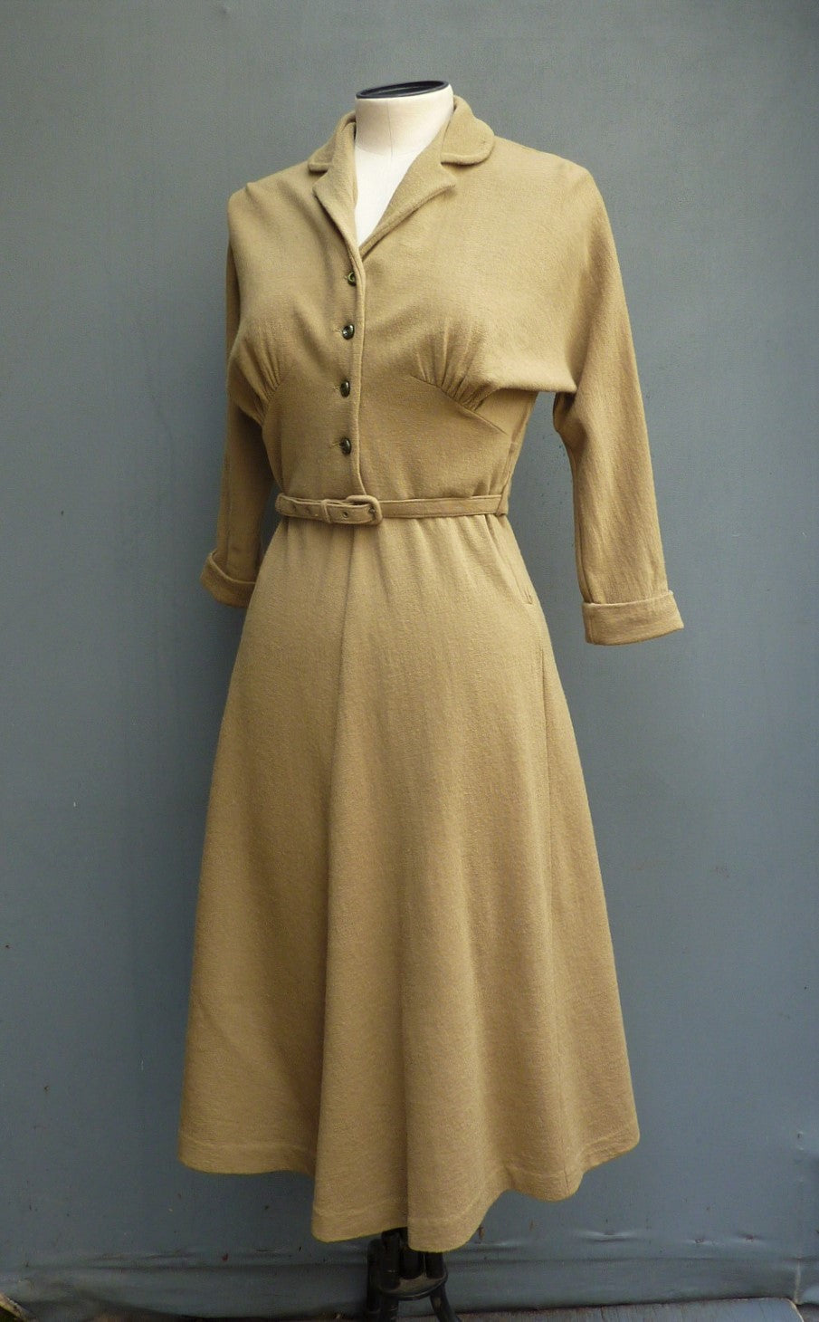 Rare Vintage Early 1950s Jersey Dress Mustard Olive Green Dolman Sleeves UK XS