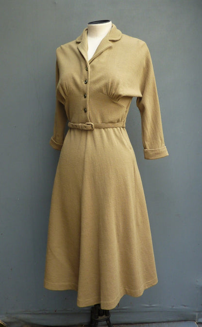 Rare Vintage Early 1950s Jersey Dress Mustard Olive Green Dolman Sleeves UK XS