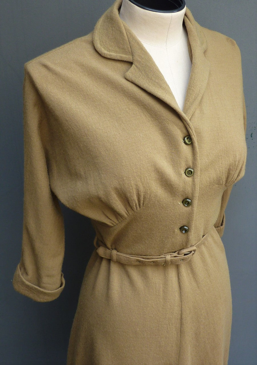 Rare Vintage Early 1950s Jersey Dress Mustard Olive Green Dolman Sleeves UK XS