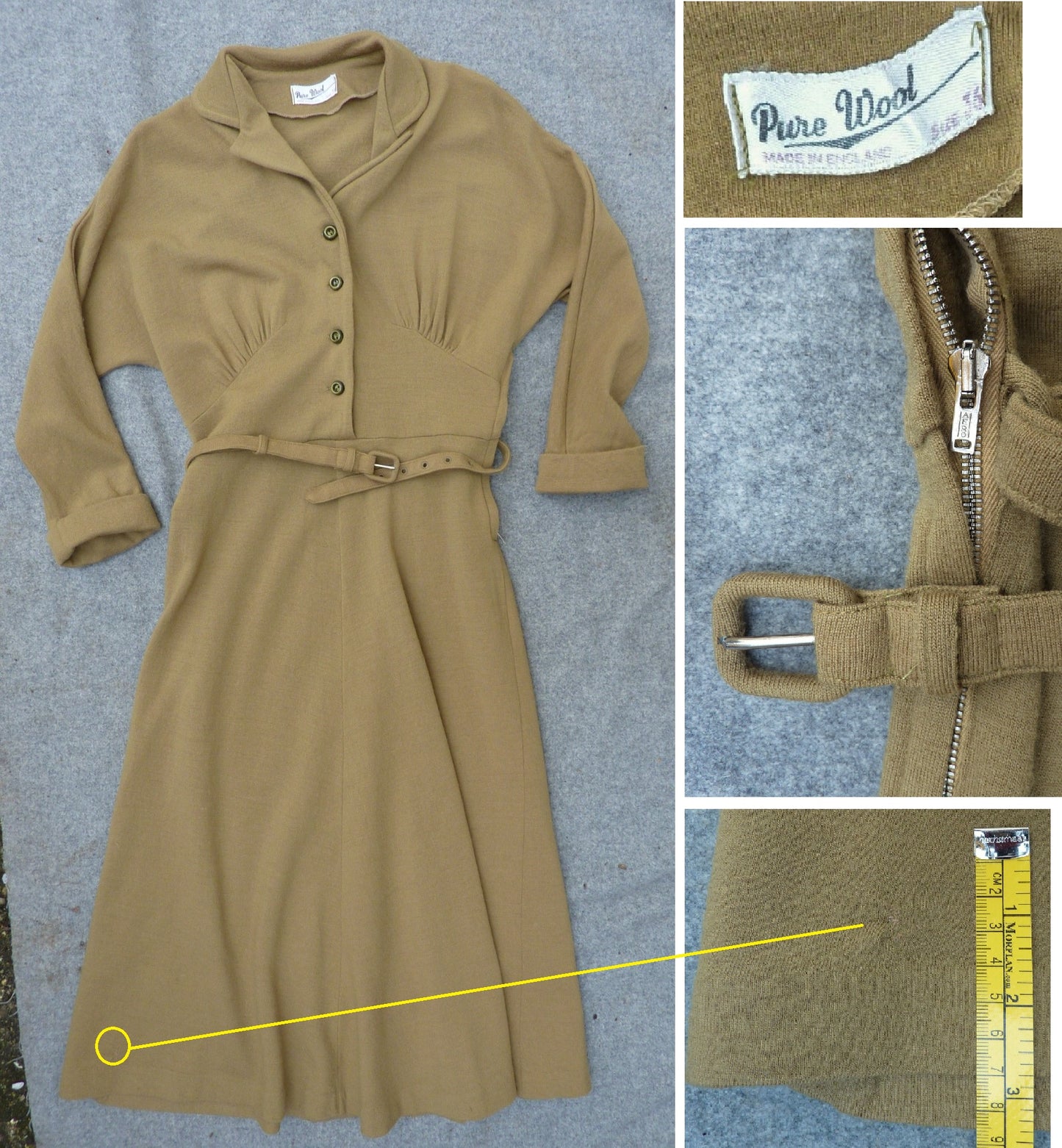 Rare Vintage Early 1950s Jersey Dress Mustard Olive Green Dolman Sleeves UK XS