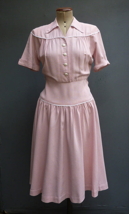 Original 1940s 1950s Rayon Dress Pink Checked Shirt Waister UK S/M