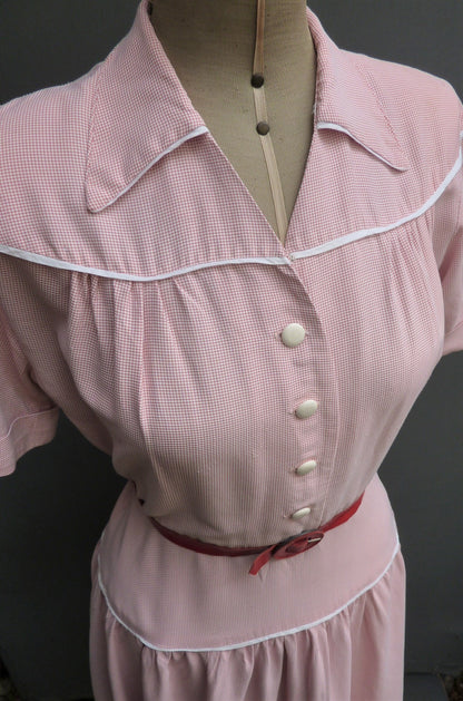 Original 1940s 1950s Rayon Dress Pink Checked Shirt Waister UK S/M