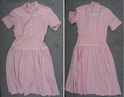 Original 1940s 1950s Rayon Dress Pink Checked Shirt Waister UK S/M