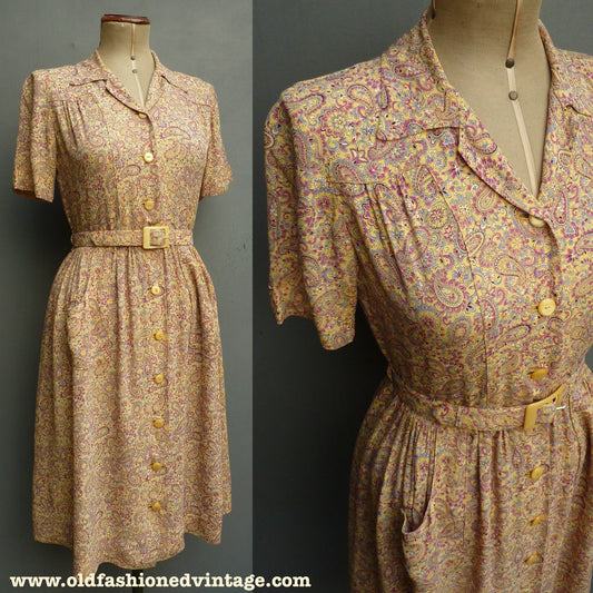 Vintage 1940s Dress Paisley Rayon Crepe Yellow Magenta Print UK M